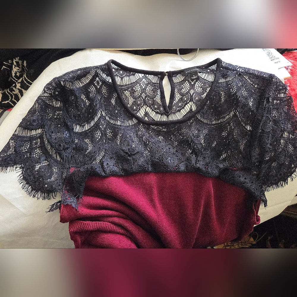 Elegant Ann Taylor Burgundy Sweater with Black Eyelash Lace Bodice Cap Sleeves L